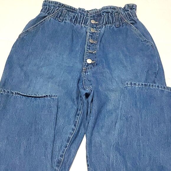 Boho Trendy Ultra High Waist Paperbag Straight Leg Button Fly Jeans 30 - Picture 3 of 12